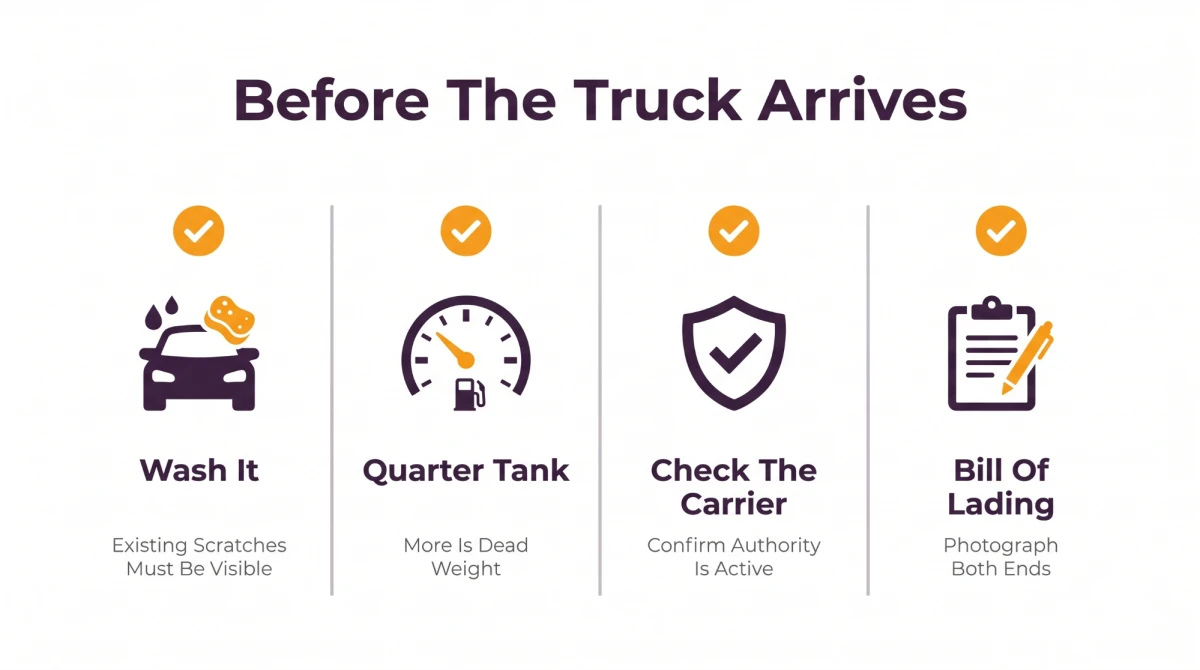 Four steps before a car shipment: wash it, quarter tank of fuel, check the carrier, complete the Bill of Lading